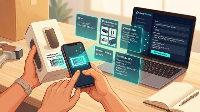 A seller scans a UPC barcode — SellerChamp auto-fetches listing details and populates the listing with a Rephrase with AI button.